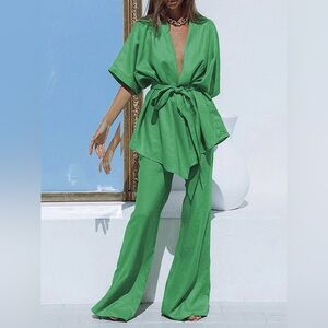 82 Oversized Linen Tied Two Piece Pants Set